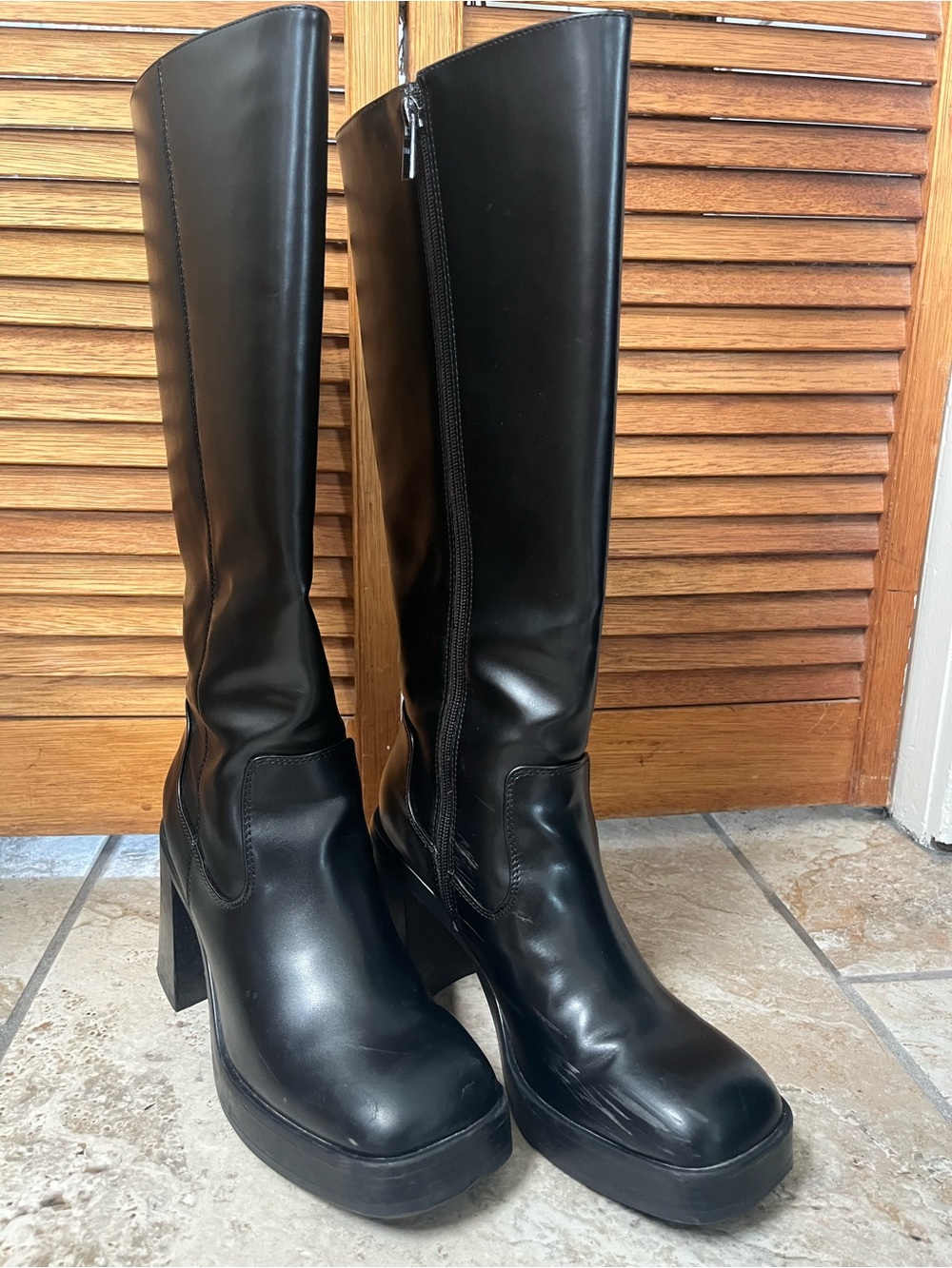 Bershka Black Platform Knee-High Block Heel Boots